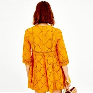 Zara Mustard Yellow Eyelet Romper Mini Dress Small.